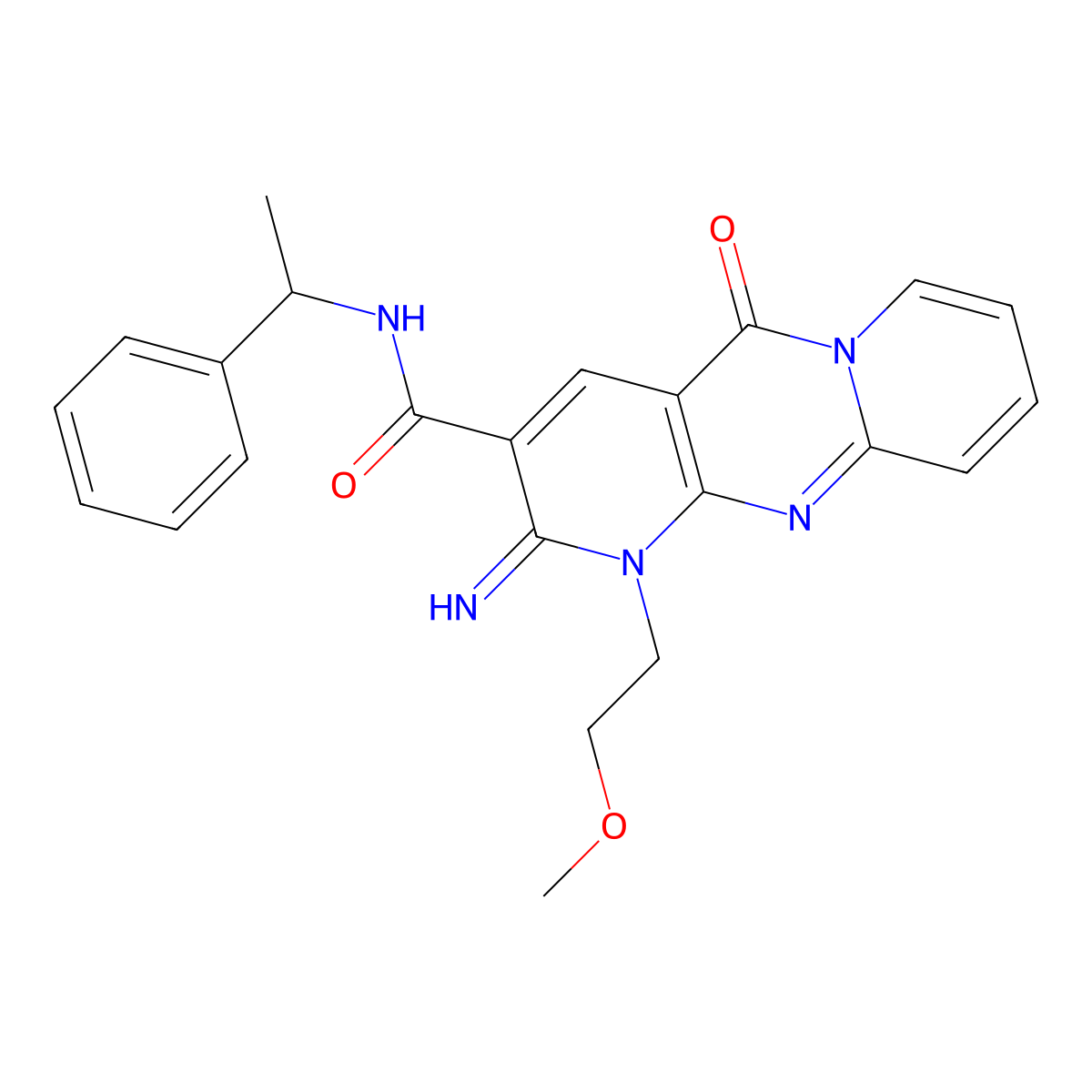2-Imino-1-(2-methoxyethyl)-5-oxo-N-(1-phenylethyl)-1,5-dihydro-2H-dipyrido[1,2-A:2,3-D]pyrimidine-3-carboxamide molecular structure, CAS 510762-51-3