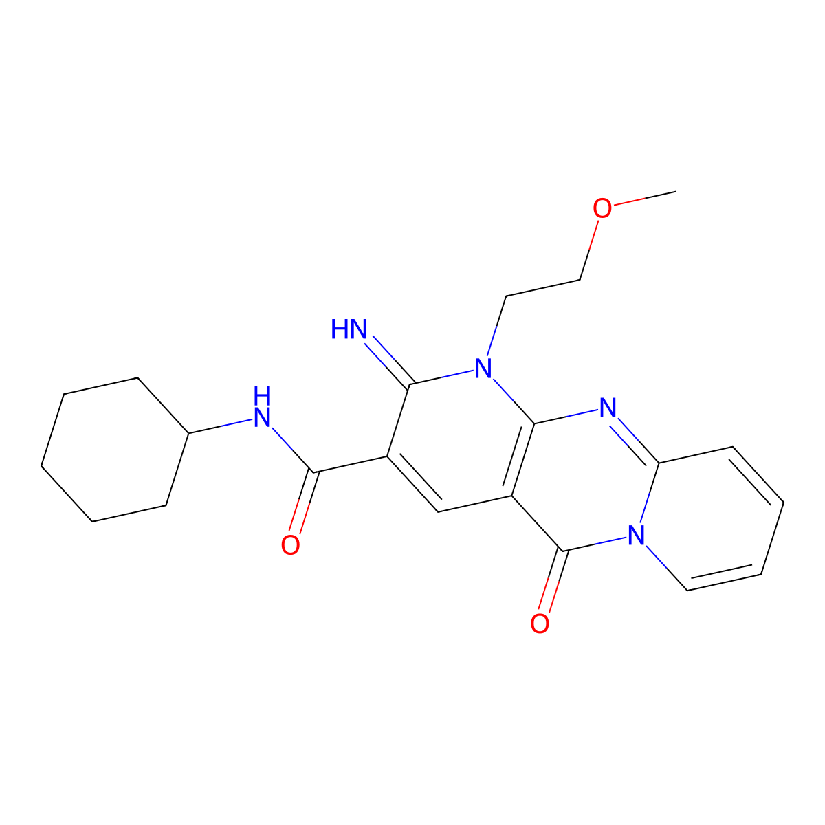 N-Cyclohexyl-2-imino-1-(2-methoxyethyl)-5-oxo-1,5-dihydro-2H-dipyrido(1,2-A:2,3-D)pyrimidine-3-carboxamide molecular structure, CAS 510762-52-4