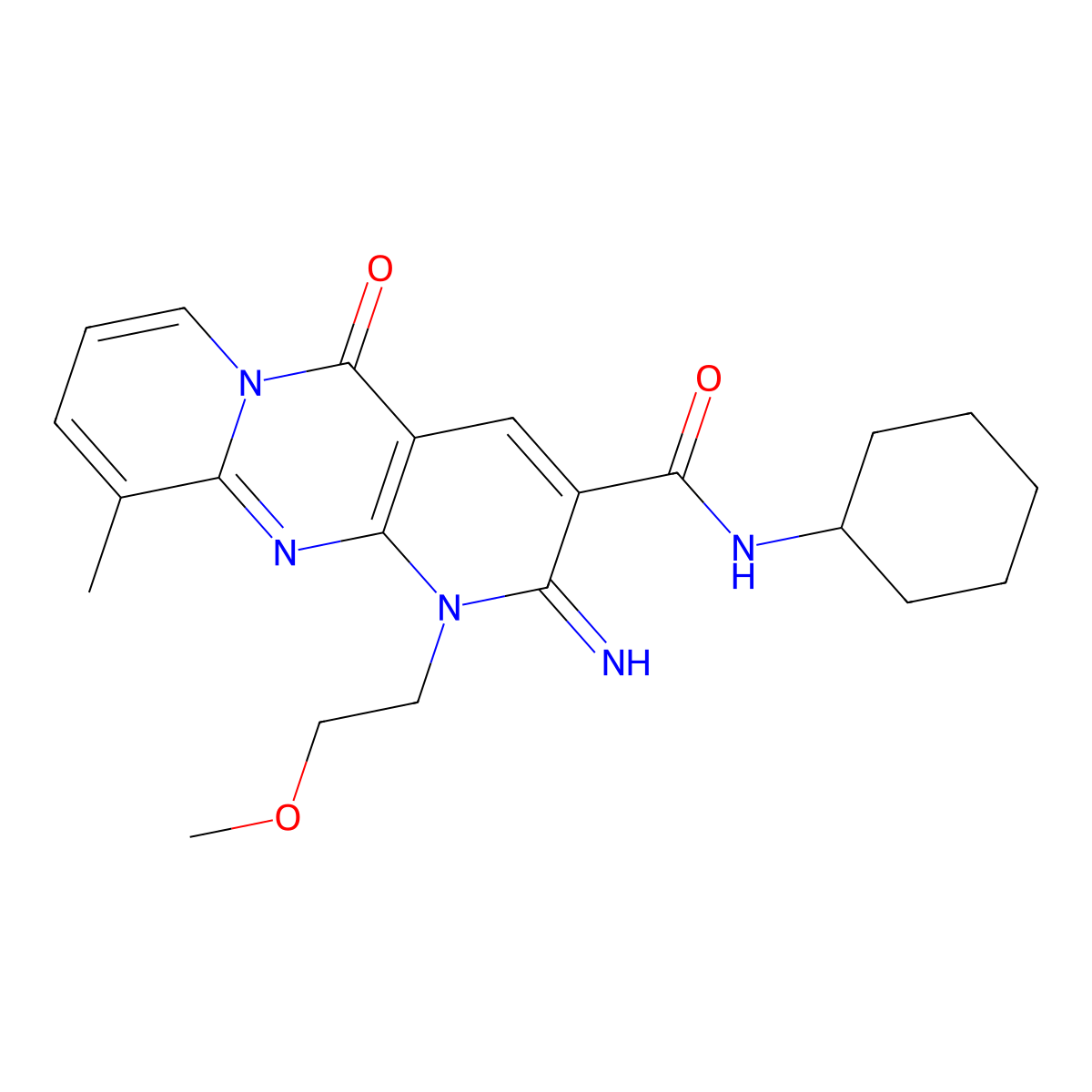N-Cyclohexyl-2-imino-1-(2-methoxyethyl)-10-methyl-5-oxo-1,5-dihydro-2H-dipyrido[1,2-A:2,3-D]pyrimidine-3-carboxamide molecular structure, CAS 510762-53-5