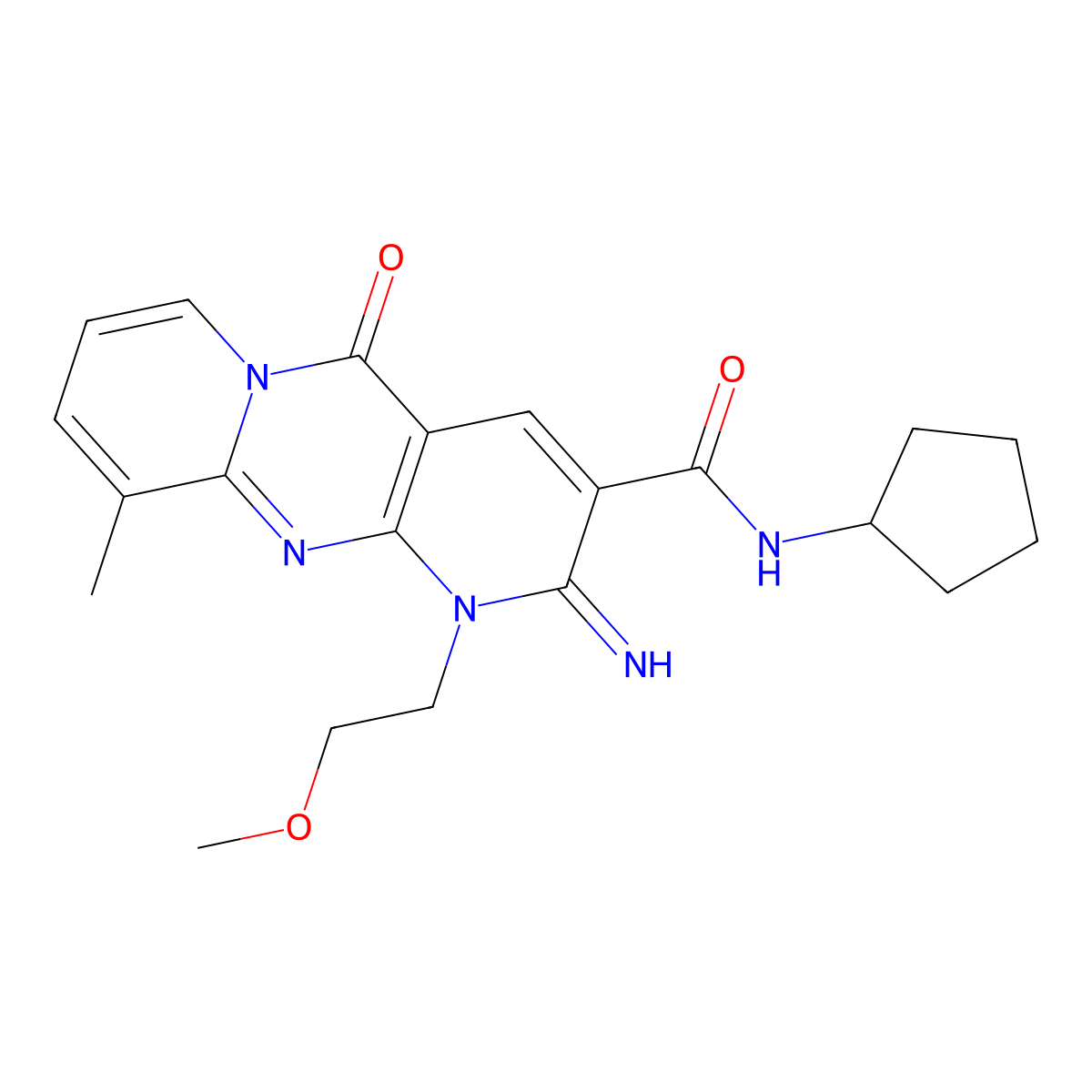 N-Cyclopentyl-2-imino-1-(2-methoxyethyl)-10-methyl-5-oxo-1,5-dihydro-2H-dipyrido(1,2-A:2,3-D)pyrimidine-3-carboxamide molecular structure, CAS 510762-55-7