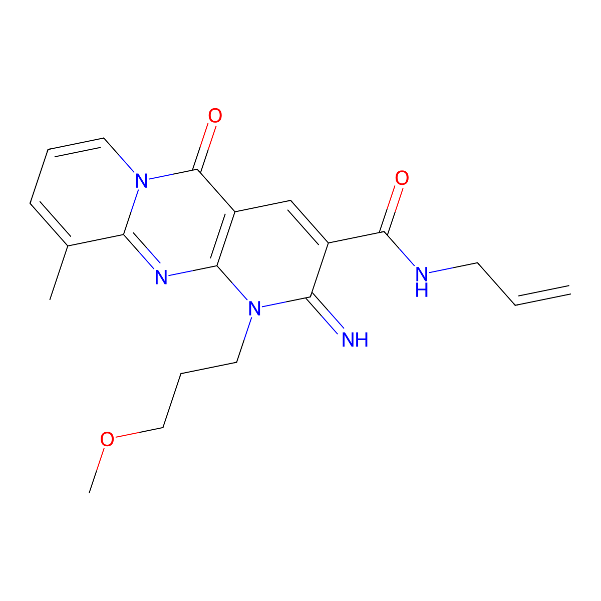 N-Allyl-2-imino-1-(3-methoxypropyl)-10-methyl-5-oxo-1,5-dihydro-2H-dipyrido[1,2-A:2,3-D]pyrimidine-3-carboxamide molecular structure, CAS 510762-66-0