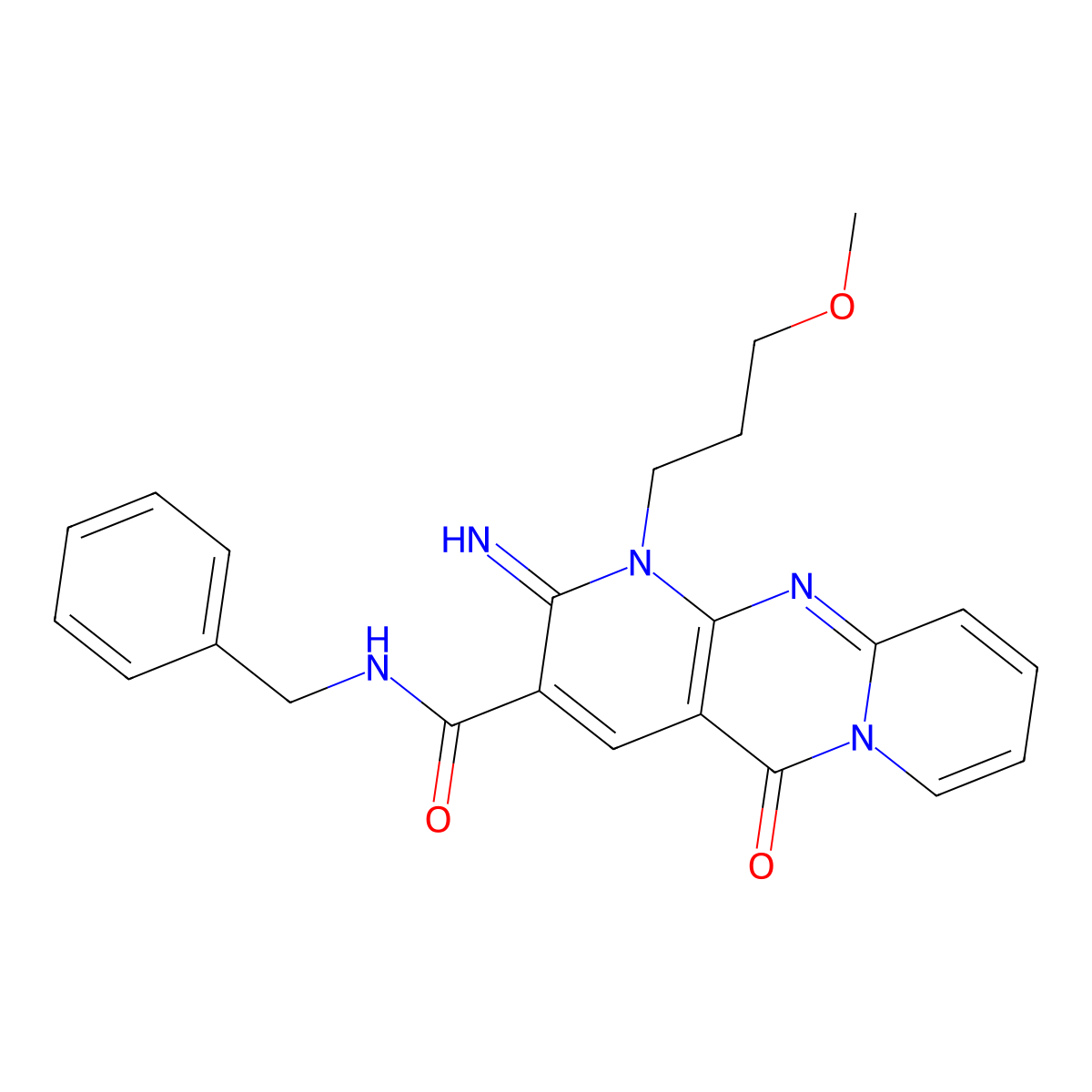 N-benzyl-6-imino-7-(3-methoxypropyl)-2-oxo-1,7,9-triazatricyclo[8.4.0.0^{3,8}]tetradeca-3(8),4,9,11,13-pentaene-5-carboxamide molecular structure, CAS 510762-73-9