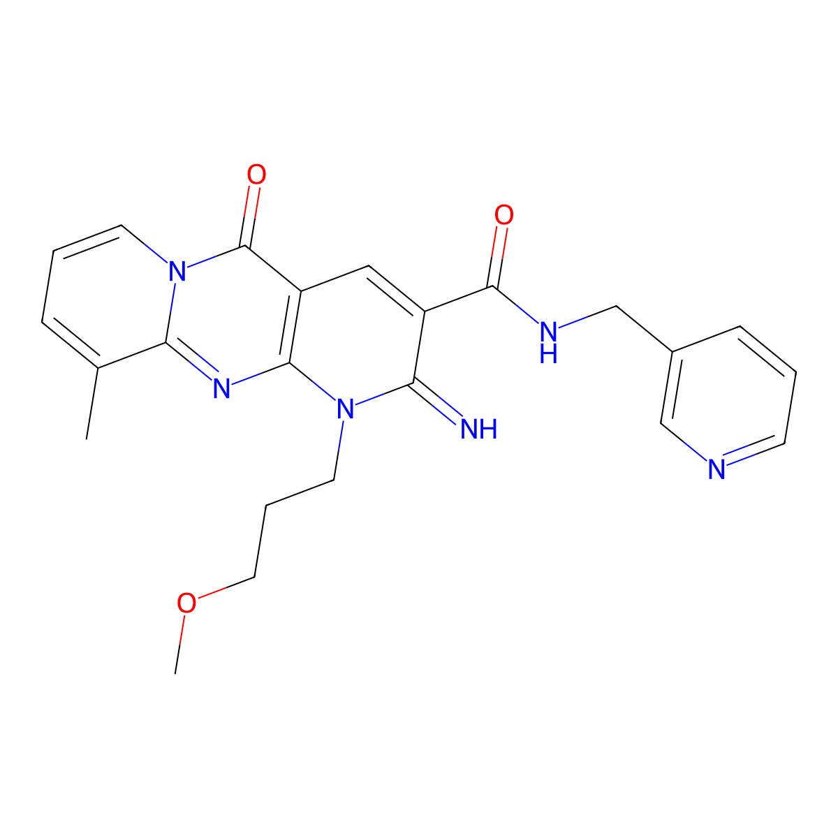 2-imino-1-(3-methoxypropyl)-10-methyl-5-oxo-N-(3-pyridinylmethyl)-1,5-dihydro-2H-dipyrido[1,2-a:2,3-d]pyrimidine-3-carboxamide molecular structure, CAS 510762-76-2