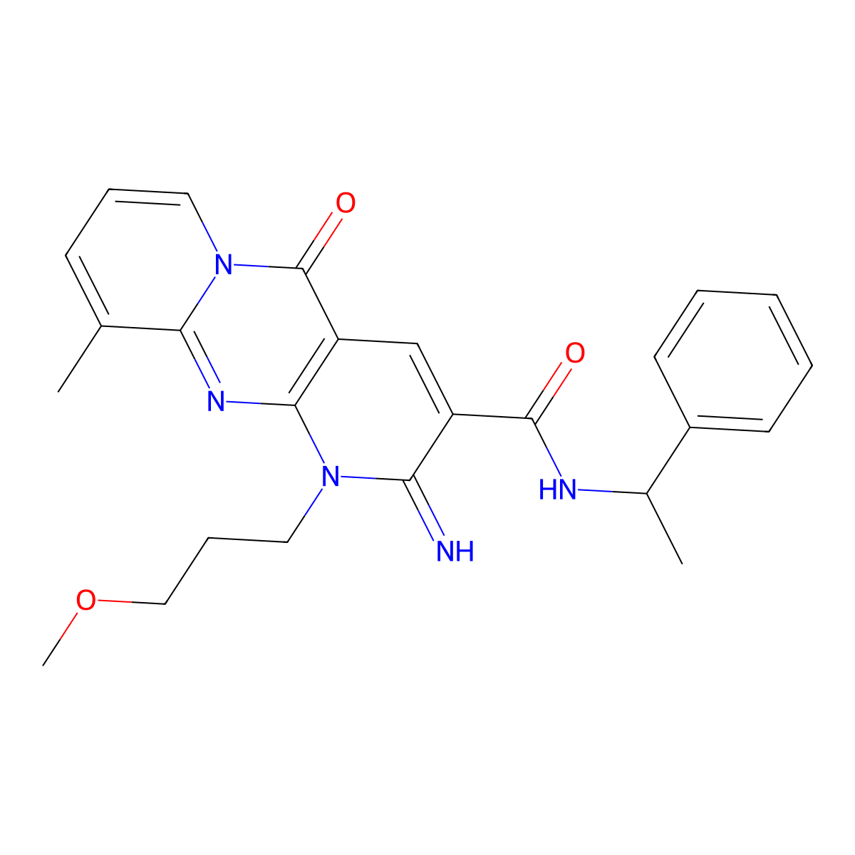6-imino-7-(3-methoxypropyl)-11-methyl-2-oxo-N-(1-phenylethyl)-1,7,9-triazatricyclo[8.4.0.0^{3,8}]tetradeca-3(8),4,9,11,13-pentaene-5-carboxamide molecular structure, CAS 510762-80-8