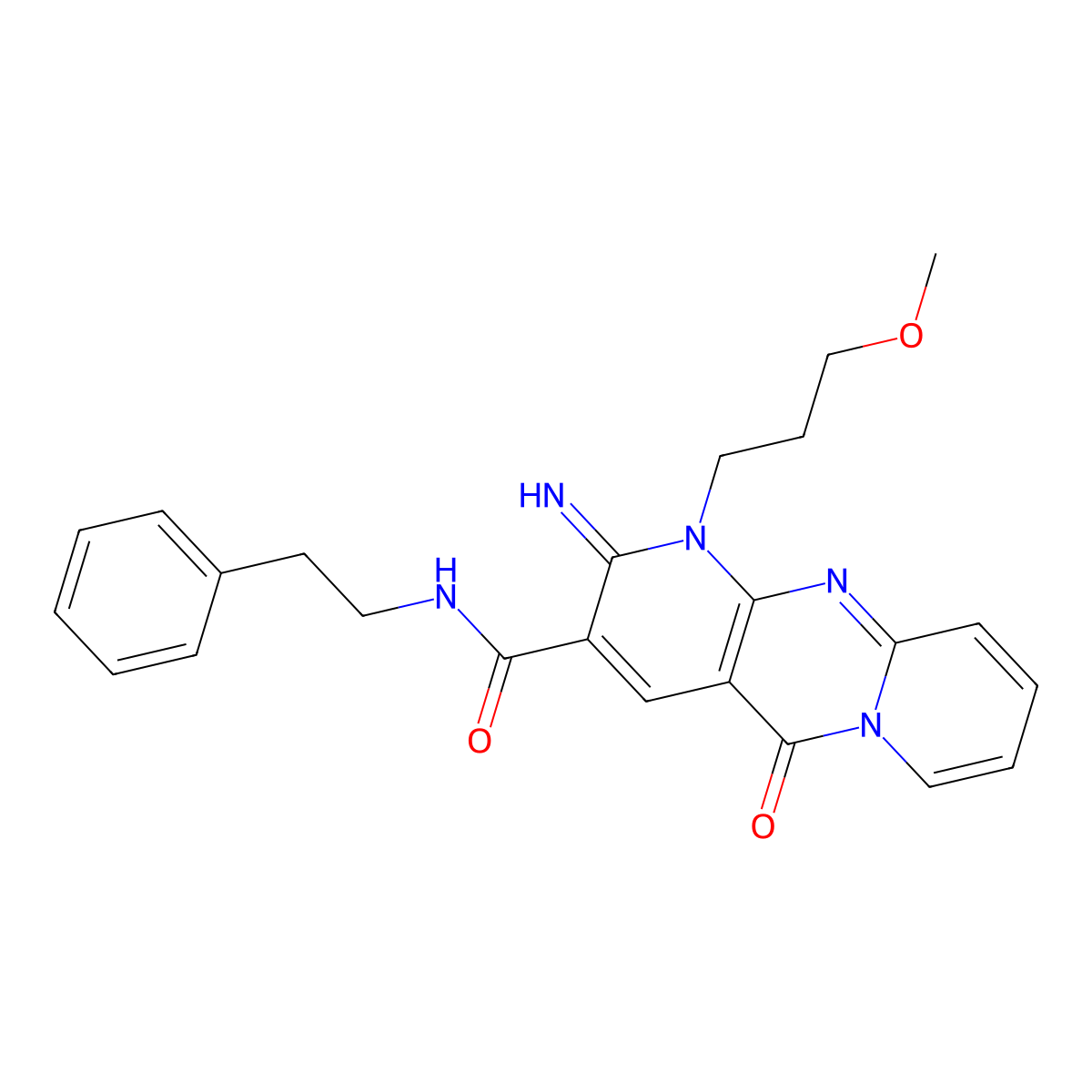 6-imino-7-(3-methoxypropyl)-2-oxo-N-(2-phenylethyl)-1,7,9-triazatricyclo[8.4.0.0^{3,8}]tetradeca-3(8),4,9,11,13-pentaene-5-carboxamide molecular structure, CAS 510762-82-0