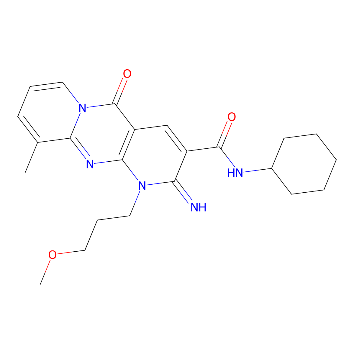 N-cyclohexyl-6-imino-7-(3-methoxypropyl)-11-methyl-2-oxo-1,7,9-triazatricyclo[8.4.0.0^{3,8}]tetradeca-3(8),4,9,11,13-pentaene-5-carboxamide molecular structure, CAS 510762-85-3