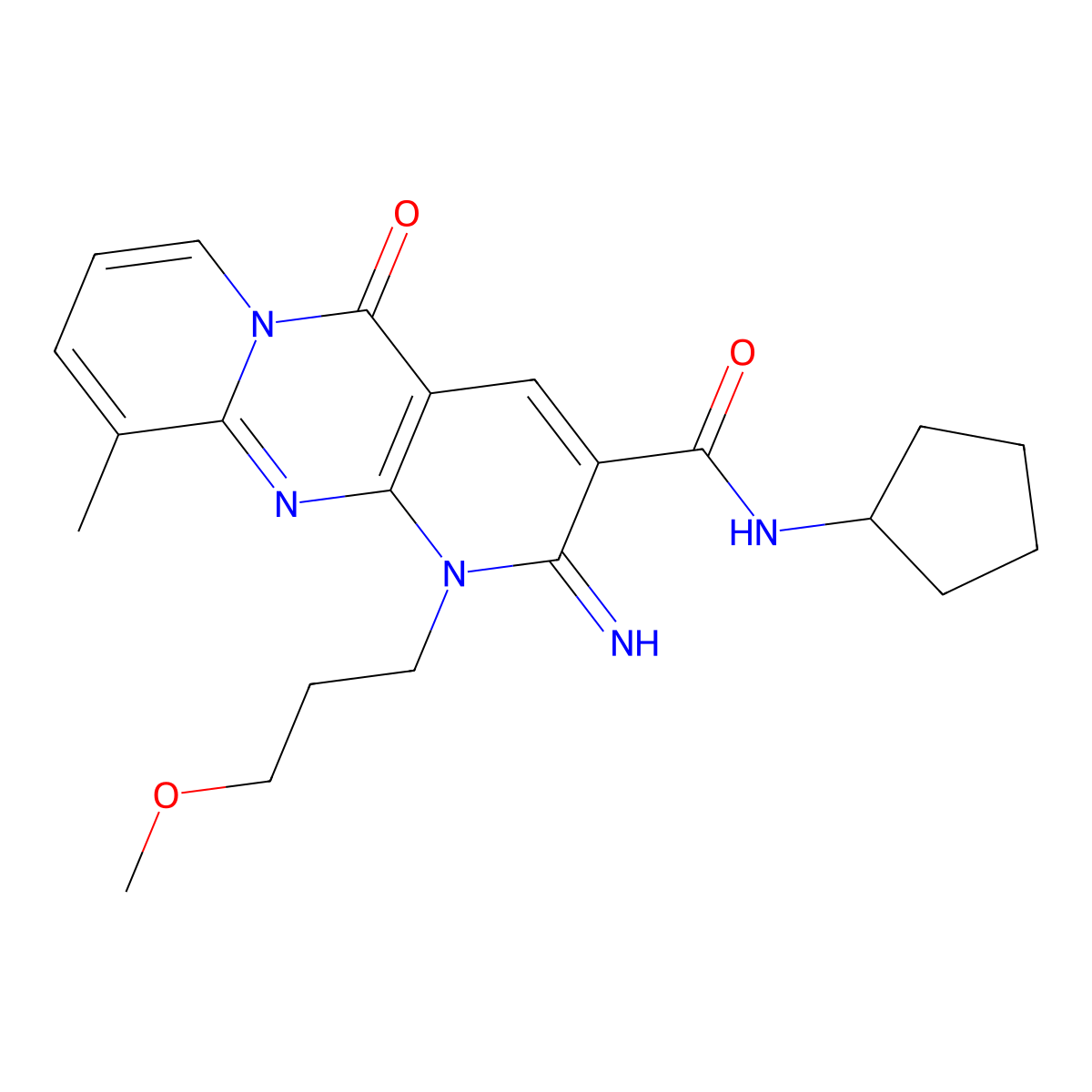 N-cyclopentyl-6-imino-7-(3-methoxypropyl)-11-methyl-2-oxo-1,7,9-triazatricyclo[8.4.0.0^{3,8}]tetradeca-3(8),4,9,11,13-pentaene-5-carboxamide molecular structure, CAS 510762-87-5