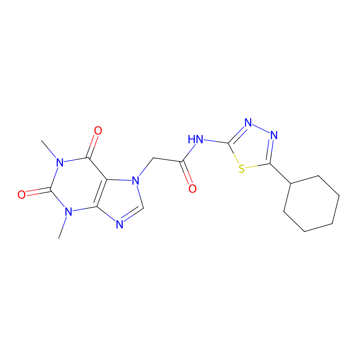 N-(5-cyclohexyl-1,3,4-thiadiazol-2-yl)-2-(1,3-dimethyl-2,6-dioxopurin-7-yl)acetamide molecular structure, CAS 510763-24-3