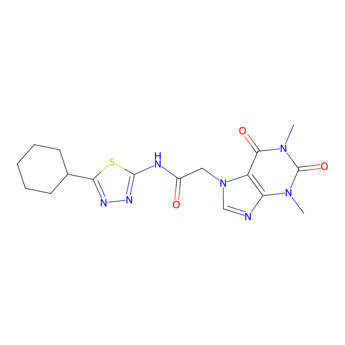N-(5-cyclohexyl-1,3,4-thiadiazol-2-yl)-2-(1,3-dimethyl-2,6-dioxopurin-7-yl)acetamide molecular structure, CAS 510763-24-3