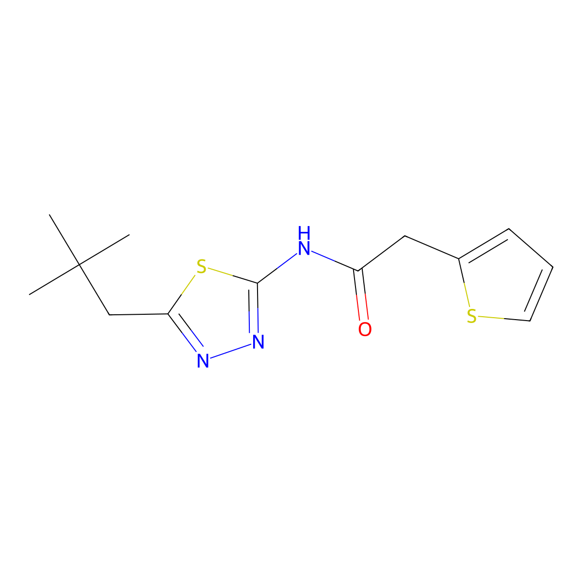 N-[5-(2,2-dimethylpropyl)-1,3,4-thiadiazol-2-yl]-2-thiophen-2-ylacetamide molecular structure, CAS 510763-36-7