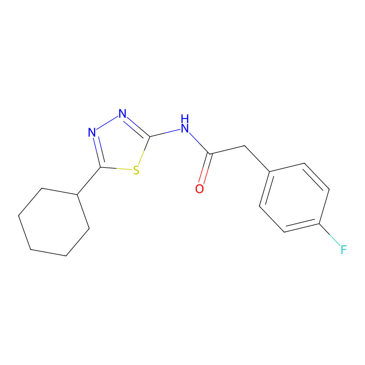 N-(5-cyclohexyl-1,3,4-thiadiazol-2-yl)-2-(4-fluorophenyl)acetamide molecular structure, CAS 510763-76-5