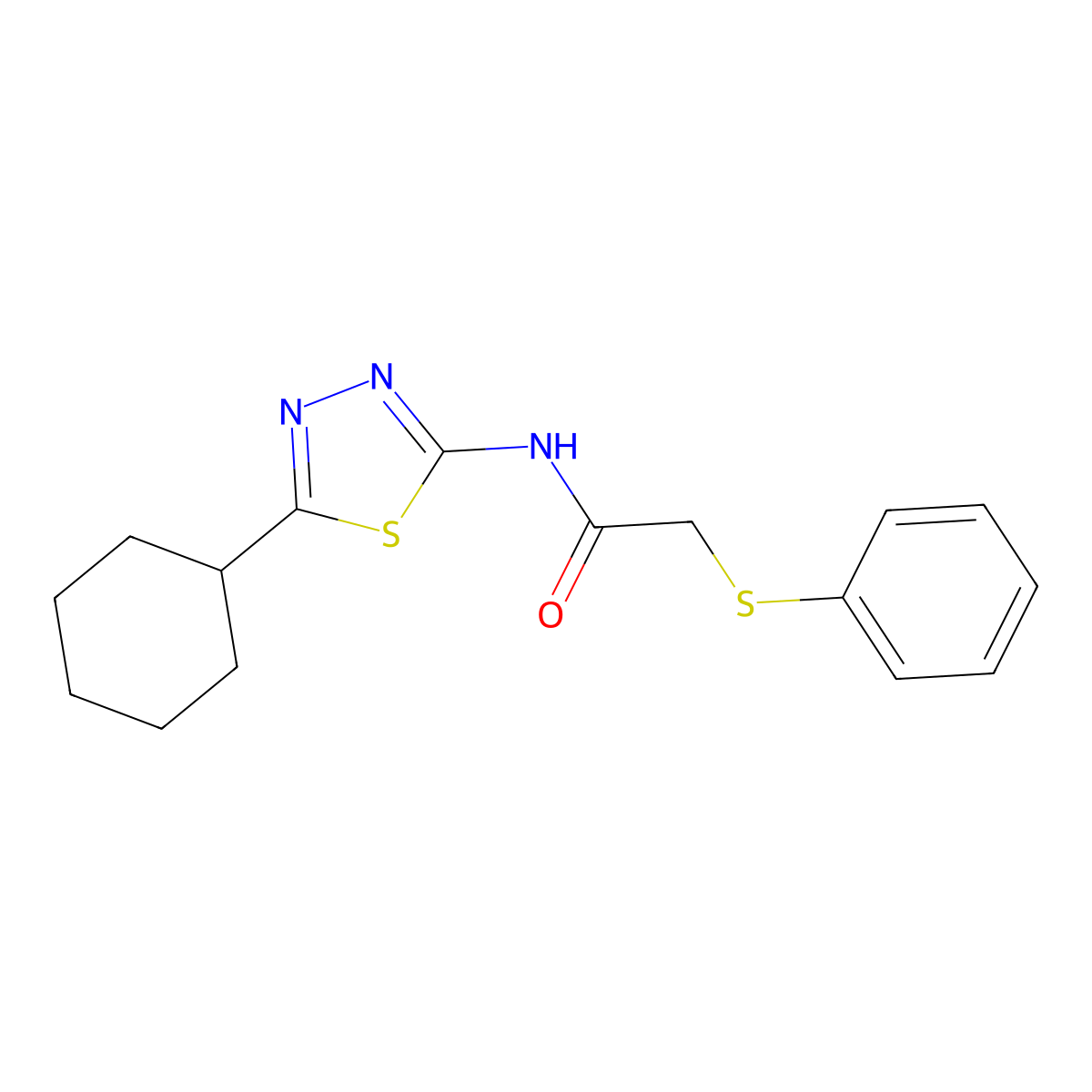 N-(5-cyclohexyl-1,3,4-thiadiazol-2-yl)-2-phenylsulfanylacetamide molecular structure, CAS 510763-84-5