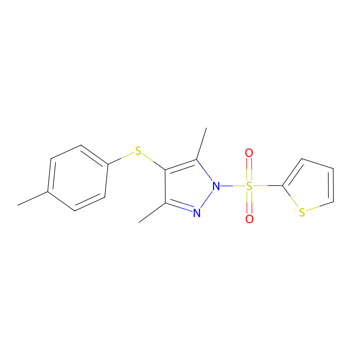 3,5-Dimethyl-4-(4-methylphenyl)sulfanyl-1-thiophen-2-ylsulfonylpyrazole molecular structure, CAS 510765-25-0