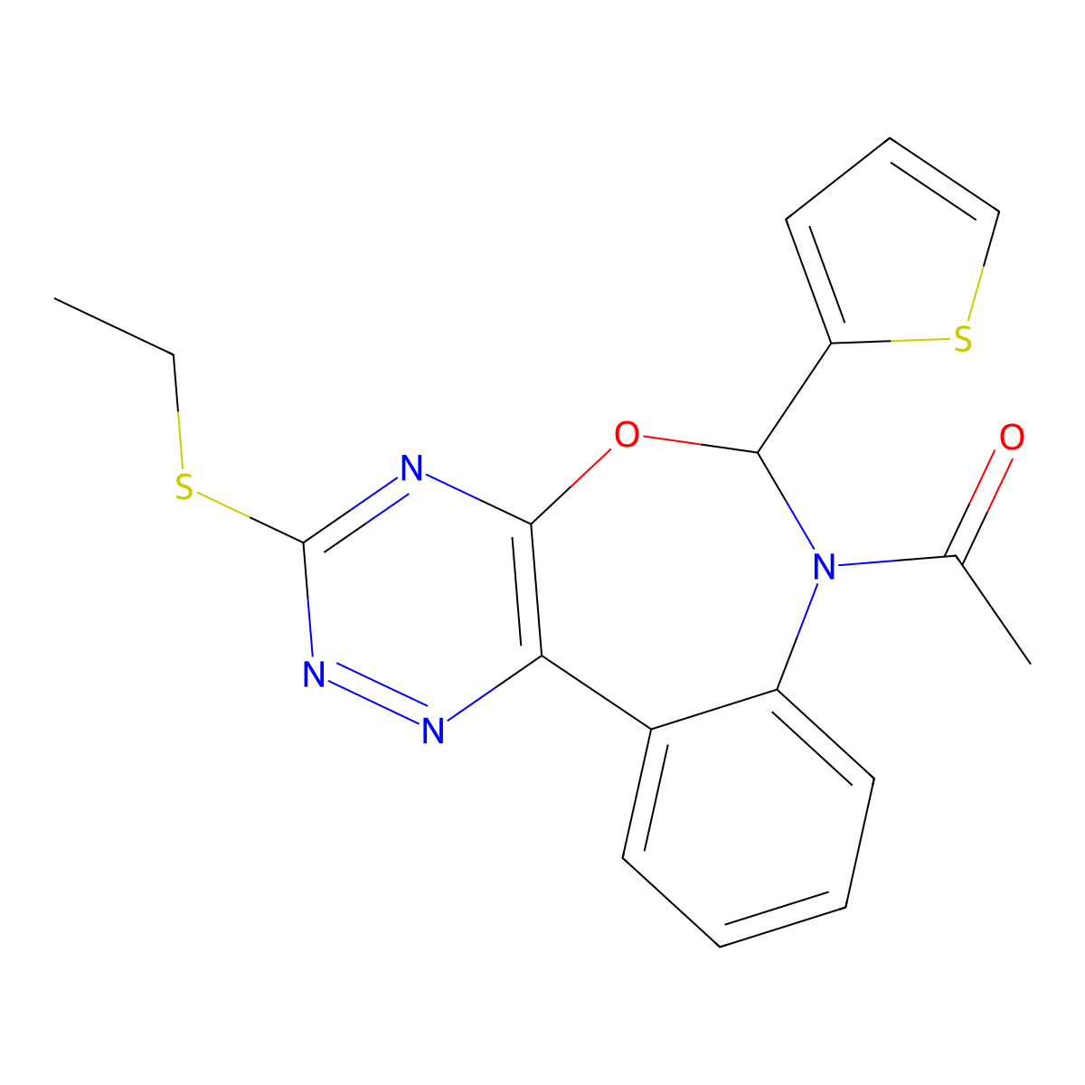1-(3-ethylsulfanyl-6-thiophen-2-yl-6H-[1,2,4]triazino[5,6-d][3,1]benzoxazepin-7-yl)ethanone molecular structure, CAS 510765-80-7