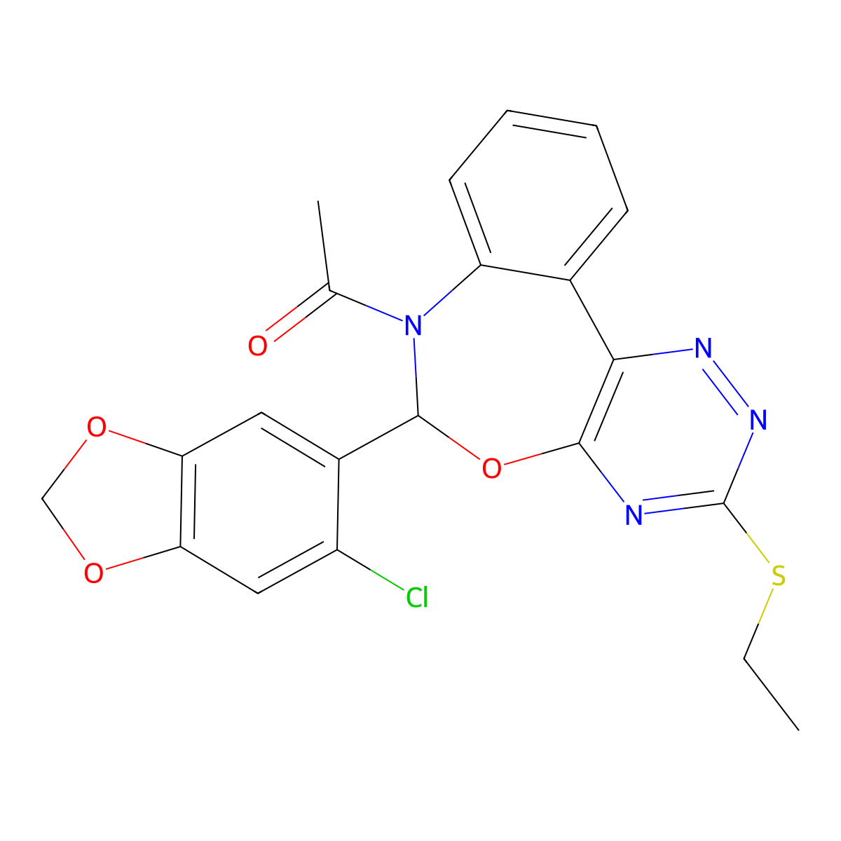1-[6-(6-chloro-1,3-benzodioxol-5-yl)-3-ethylsulfanyl-6H-[1,2,4]triazino[5,6-d][3,1]benzoxazepin-7-yl]ethanone molecular structure, CAS 510766-03-7