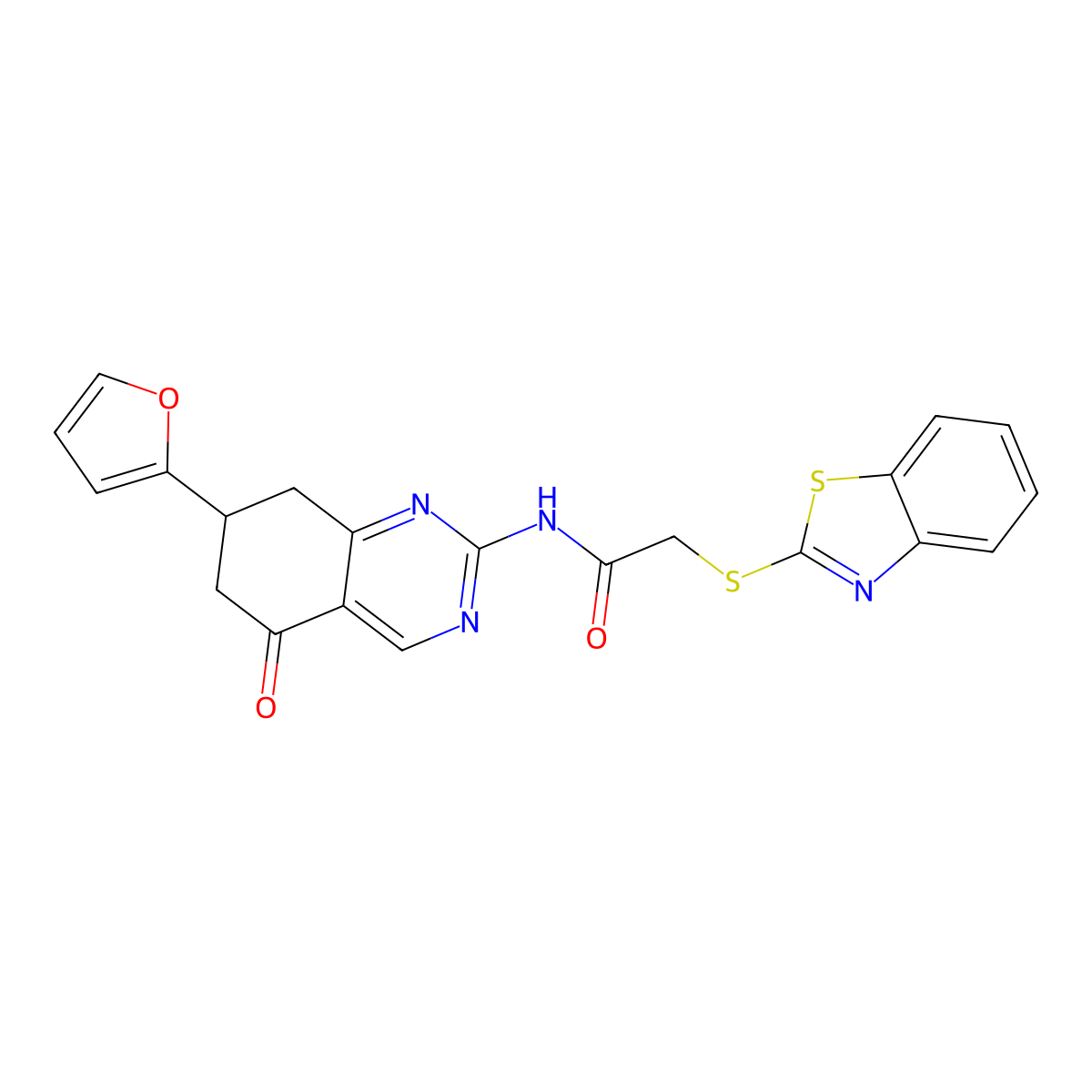 2-(1,3-benzothiazol-2-ylsulfanyl)-N-[7-(furan-2-yl)-5-oxo-5,6,7,8-tetrahydroquinazolin-2-yl]acetamide molecular structure, CAS 510766-39-9