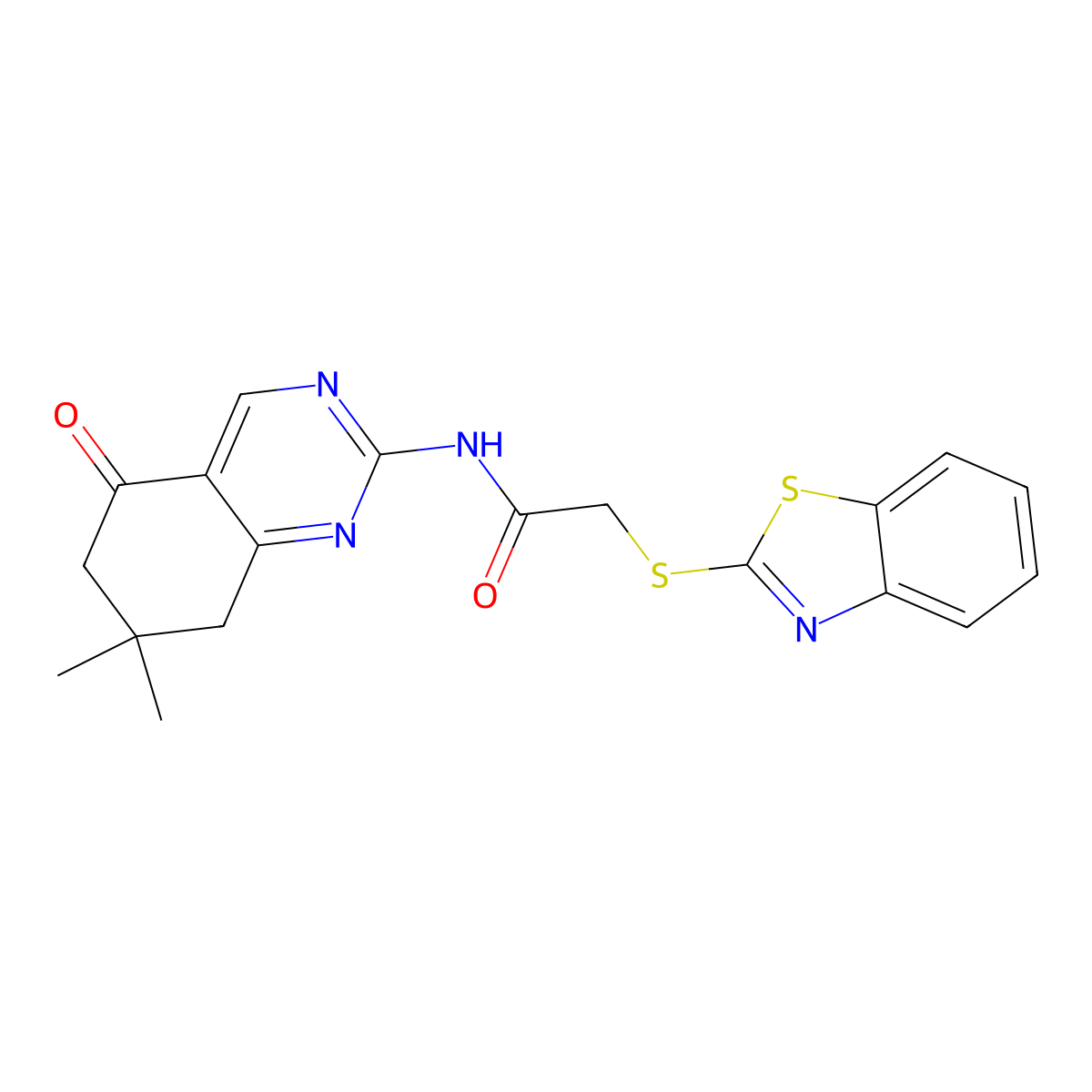 2-(1,3-benzothiazol-2-ylsulfanyl)-N-(7,7-dimethyl-5-oxo-5,6,7,8-tetrahydroquinazolin-2-yl)acetamide molecular structure, CAS 510766-57-1