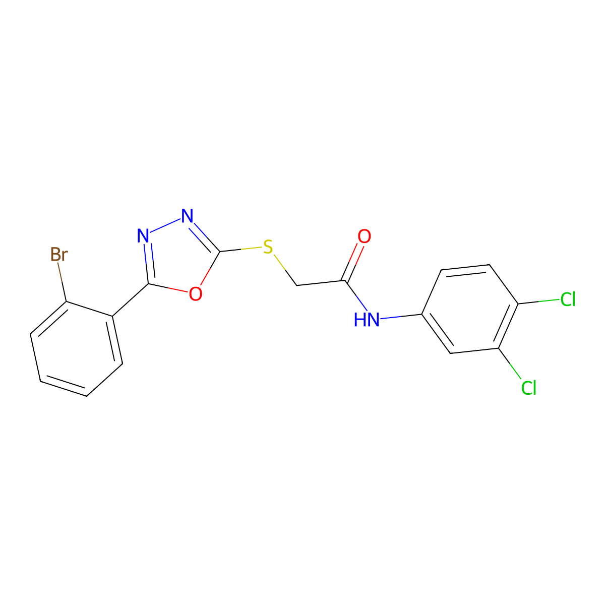 2-[[5-(2-bromophenyl)-1,3,4-oxadiazol-2-yl]sulfanyl]-N-(3,4-dichlorophenyl)acetamide molecular structure, CAS 5109-19-3