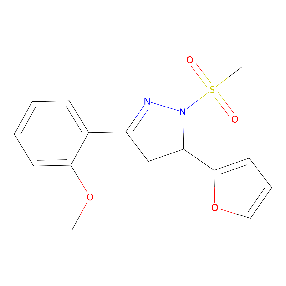 5-(furan-2-yl)-3-(2-methoxyphenyl)-1-(methylsulfonyl)-4,5-dihydro-1H-pyrazole molecular structure, CAS 511237-65-3