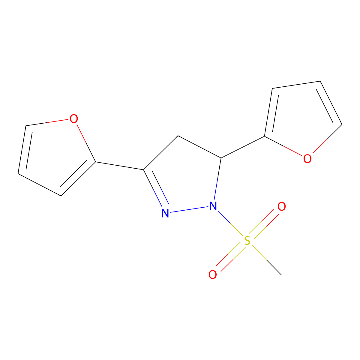 3,5-di(furan-2-yl)-1-(methylsulfonyl)-4,5-dihydro-1H-pyrazole molecular structure, CAS 511237-66-4