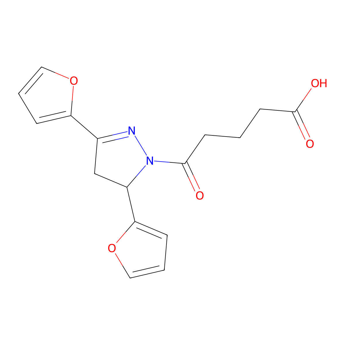 5-[3,5-Bis(furan-2-yl)-3,4-dihydropyrazol-2-yl]-5-oxopentanoic acid molecular structure, CAS 511237-68-6