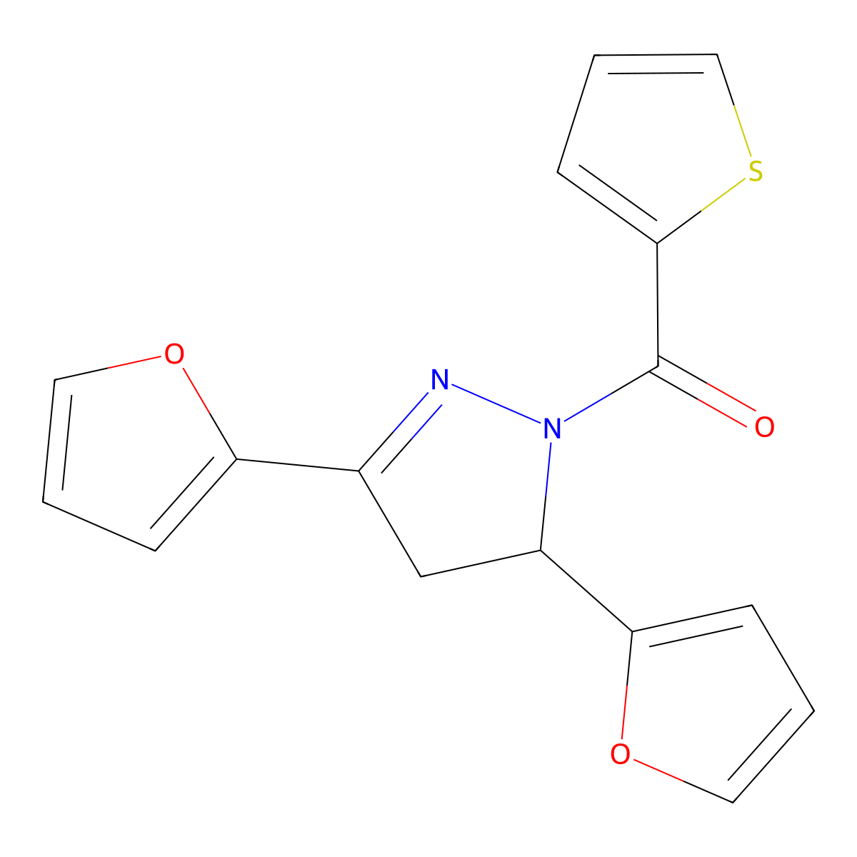 [3,5-Bis(furan-2-yl)-3,4-dihydropyrazol-2-yl]-thiophen-2-ylmethanone molecular structure, CAS 511237-69-7