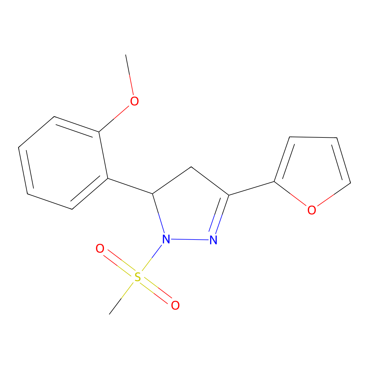 5-(Furan-2-yl)-3-(2-methoxyphenyl)-2-methylsulfonyl-3,4-dihydropyrazole molecular structure, CAS 511237-72-2
