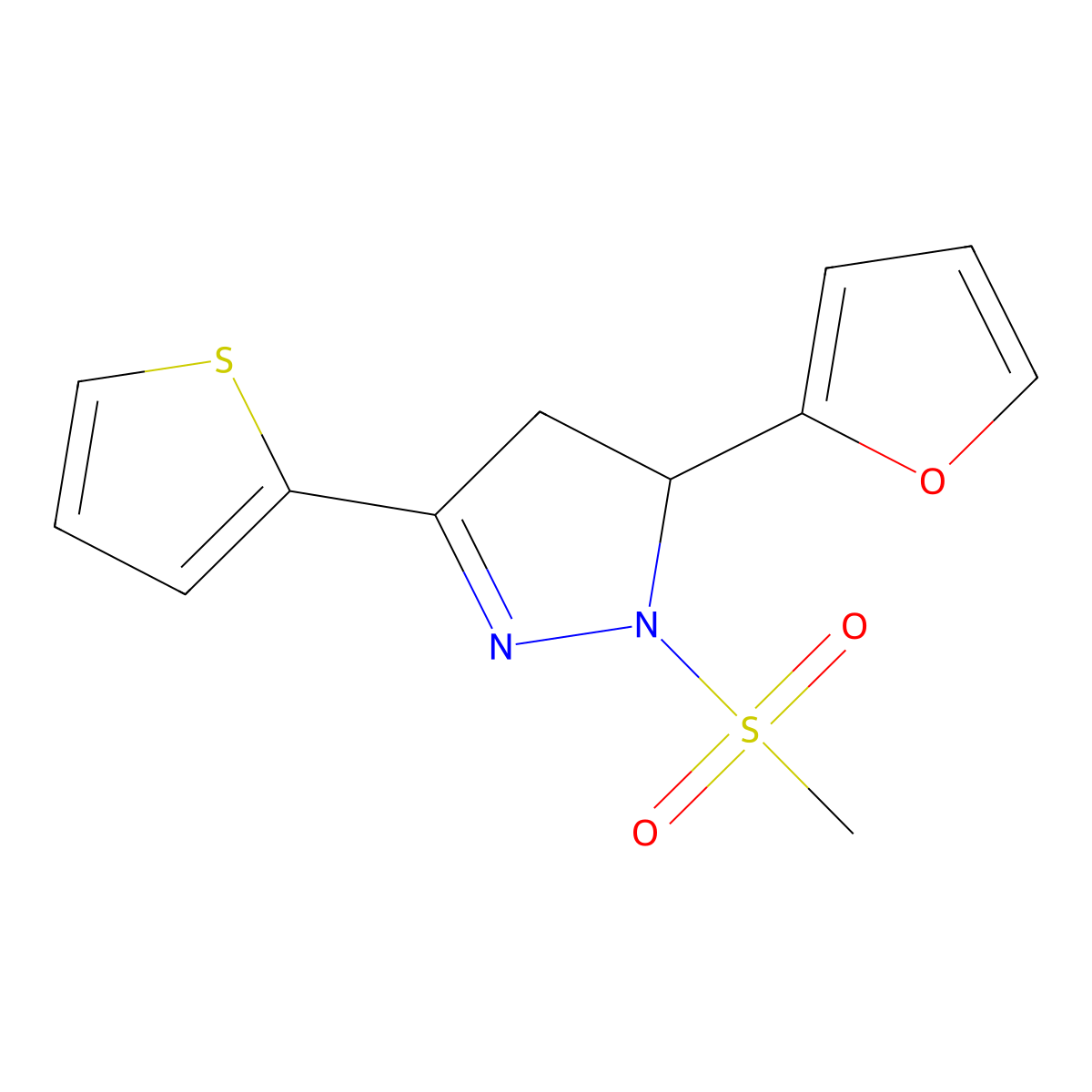 3-(2-Furanyl)-2-methylsulfonyl-5-thiophen-2-yl-3,4-dihydropyrazole molecular structure, CAS 511237-74-4