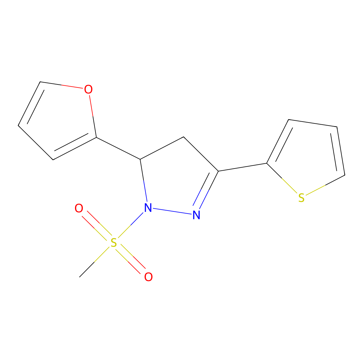 3-(2-Furanyl)-2-methylsulfonyl-5-thiophen-2-yl-3,4-dihydropyrazole molecular structure, CAS 511237-74-4