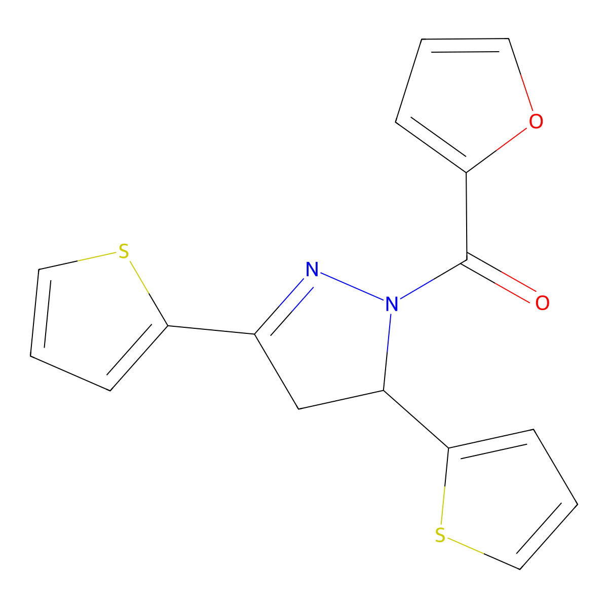 (3,5-di(thiophen-2-yl)-4,5-dihydro-1H-pyrazol-1-yl)(furan-2-yl)methanone molecular structure, CAS 511237-77-7
