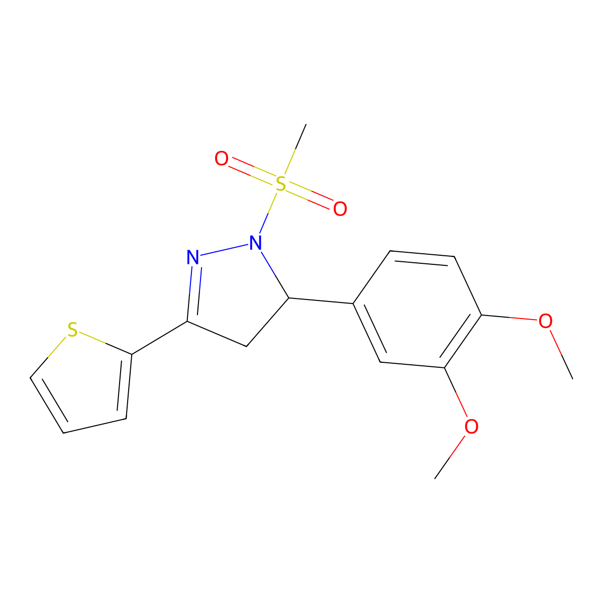 5-(3,4-dimethoxyphenyl)-1-(methylsulfonyl)-3-(thiophen-2-yl)-4,5-dihydro-1H-pyrazole molecular structure, CAS 511237-78-8