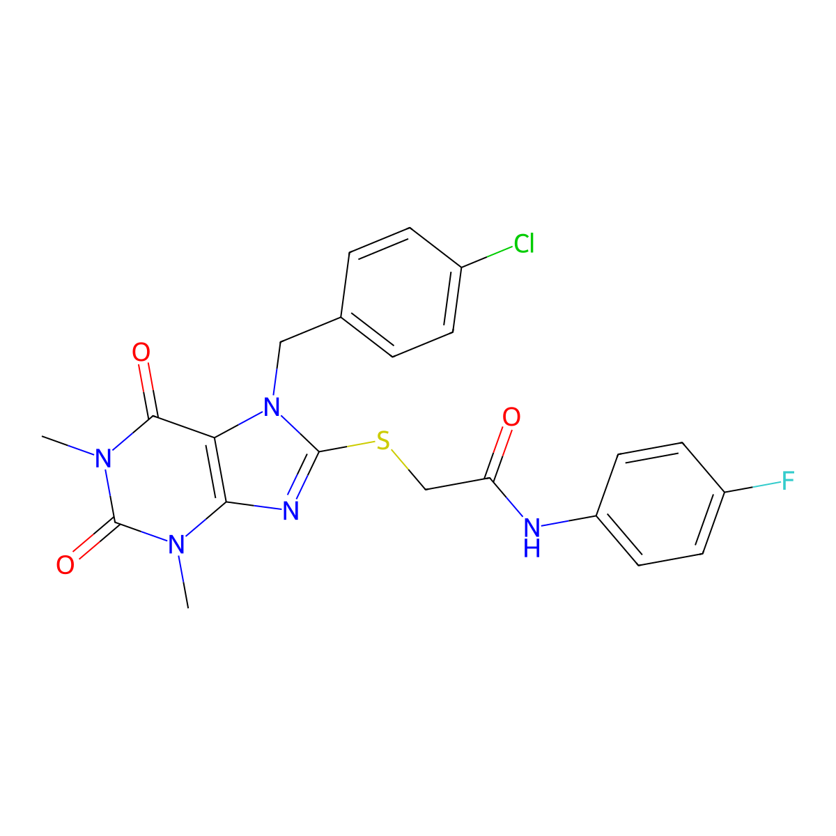 2-[7-[(4-chlorophenyl)methyl]-1,3-dimethyl-2,6-dioxopurin-8-yl]sulfanyl-N-(4-fluorophenyl)acetamide molecular structure, CAS 511238-16-7