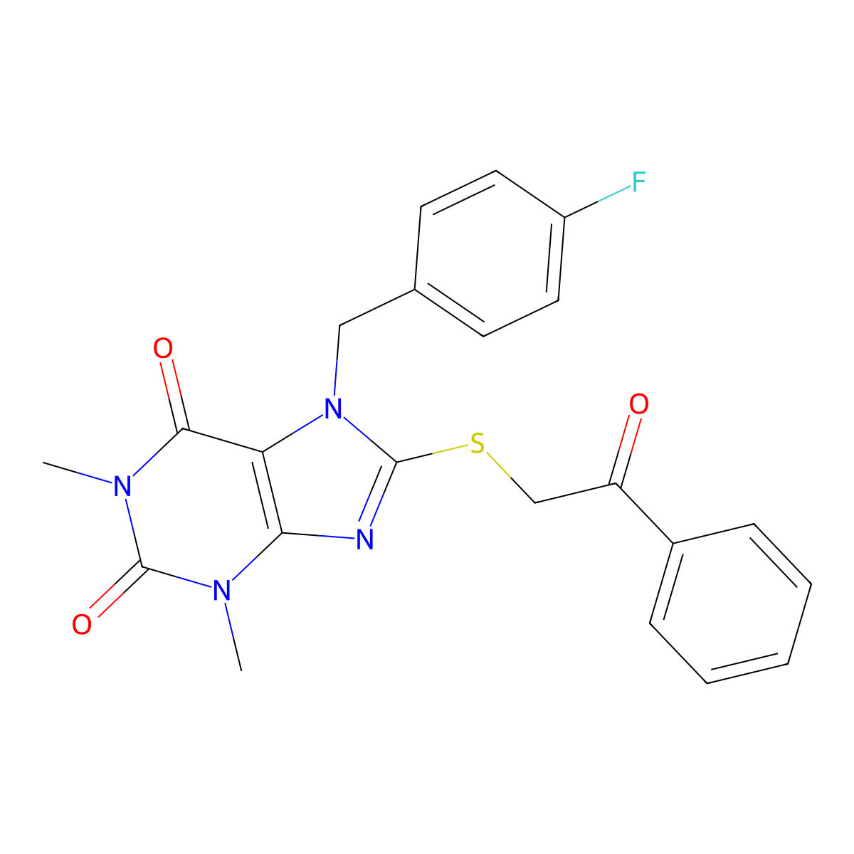 7-[(4-Fluorophenyl)methyl]-1,3-dimethyl-8-phenacylsulfanylpurine-2,6-dione molecular structure, CAS 511238-73-6