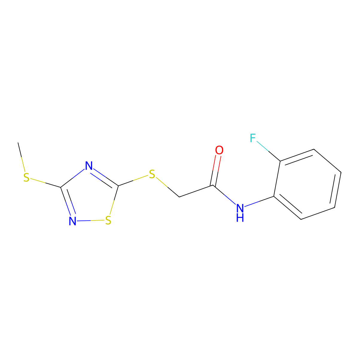 N-(2-fluorophenyl)-2-[(3-methylsulfanyl-1,2,4-thiadiazol-5-yl)sulfanyl]acetamide molecular structure, CAS 511276-01-0