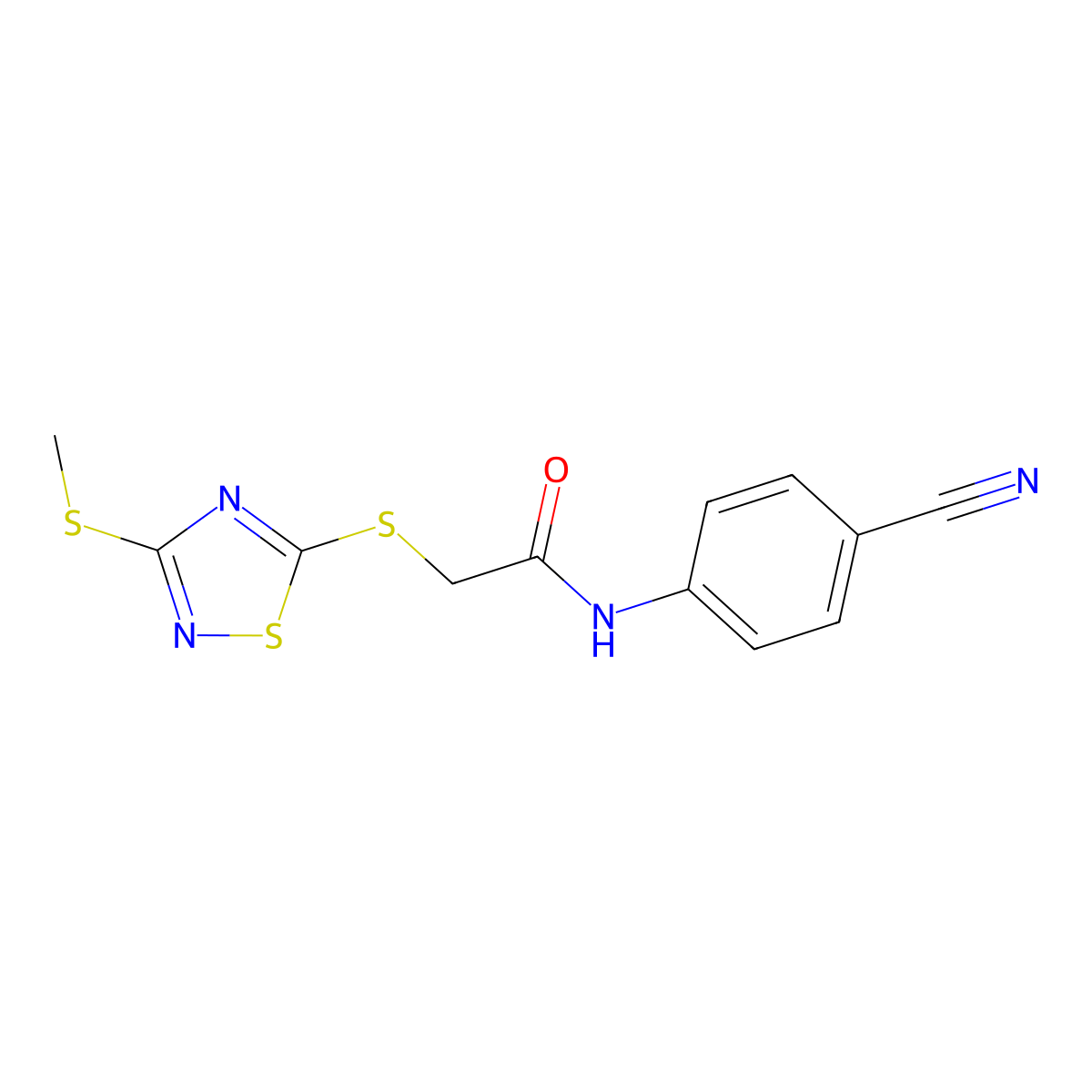 N-(4-cyanophenyl)-2-[(3-methylsulfanyl-1,2,4-thiadiazol-5-yl)sulfanyl]acetamide molecular structure, CAS 511276-53-2