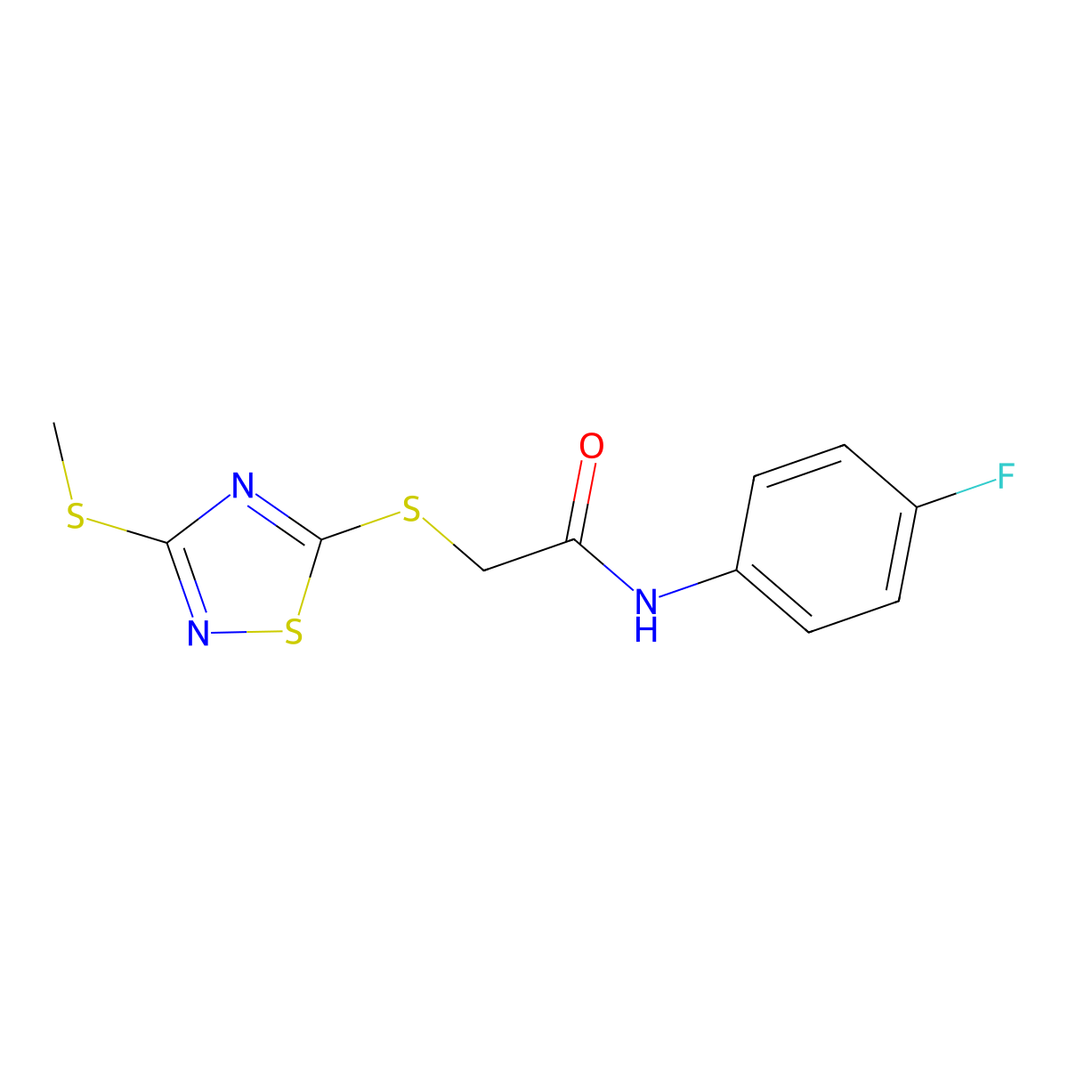 N-(4-fluorophenyl)-2-[(3-methylsulfanyl-1,2,4-thiadiazol-5-yl)sulfanyl]acetamide molecular structure, CAS 511276-56-5