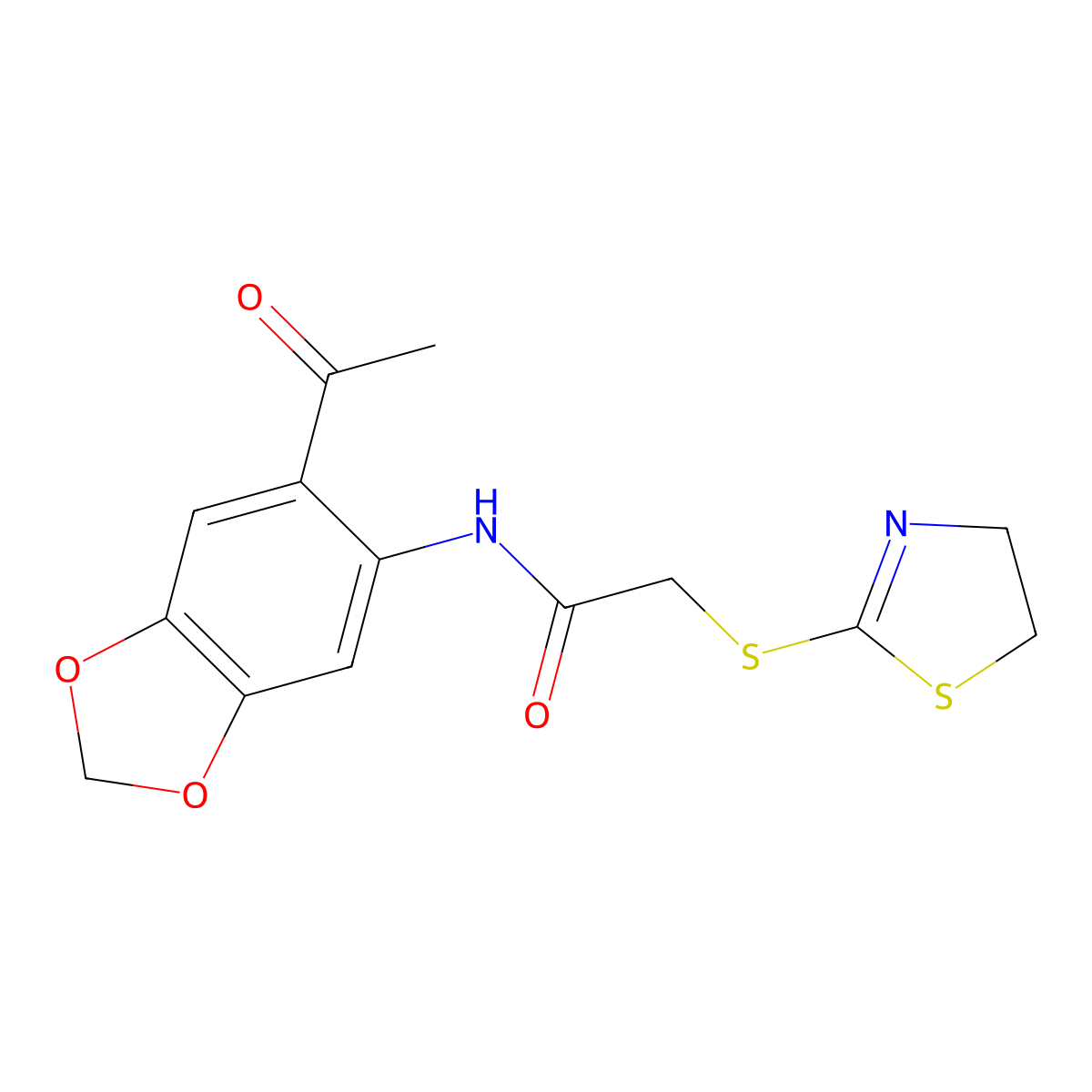 N-(6-acetyl-1,3-benzodioxol-5-yl)-2-(4,5-dihydro-1,3-thiazol-2-ylsulfanyl)acetamide molecular structure, CAS 511280-16-3