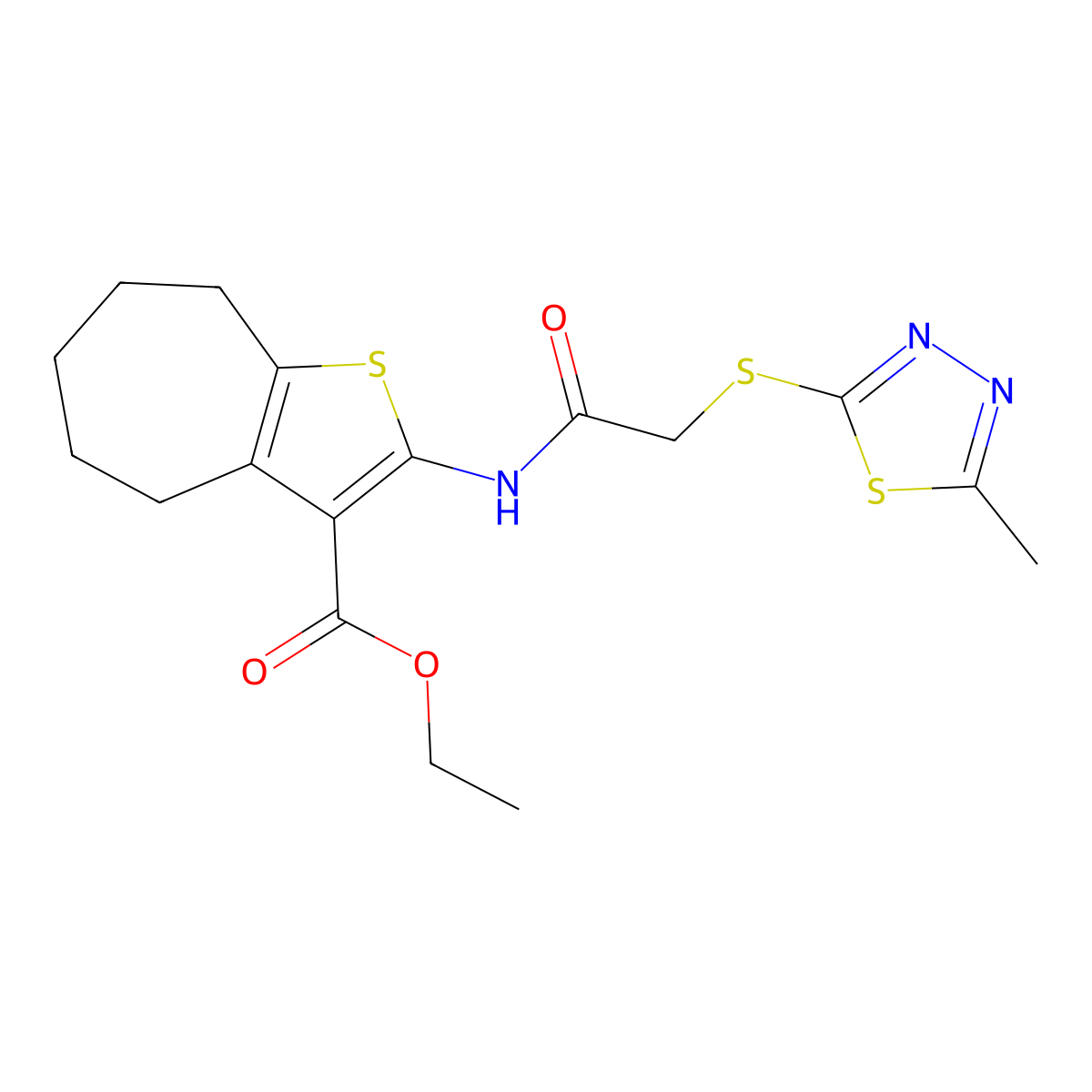 ethyl 2-{2-[(5-methyl-1,3,4-thiadiazol-2-yl)sulfanyl]acetamido}-4H,5H,6H,7H,8H-cyclohepta[b]thiophene-3-carboxylate molecular structure, CAS 511282-14-7