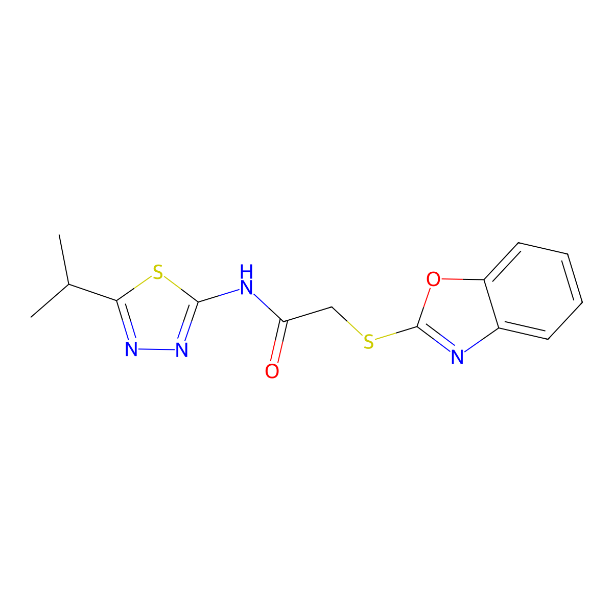 2-(1,3-benzoxazol-2-ylsulfanyl)-N-(5-propan-2-yl-1,3,4-thiadiazol-2-yl)acetamide molecular structure, CAS 511282-46-5