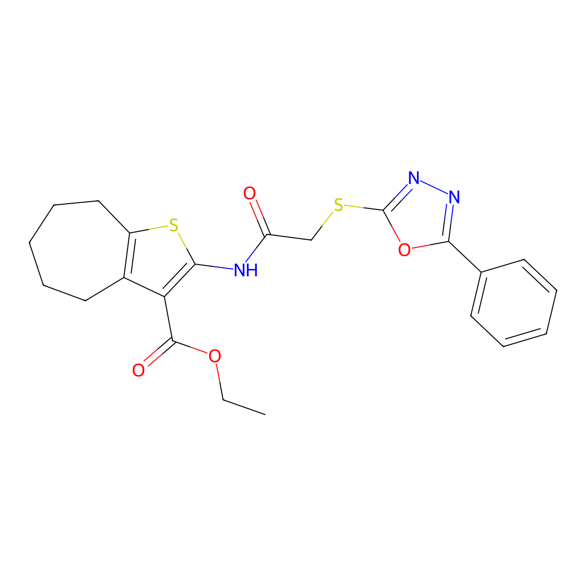 ethyl 2-(2-((5-phenyl-1,3,4-oxadiazol-2-yl)thio)acetamido)-5,6,7,8-tetrahydro-4H-cyclohepta[b]thiophene-3-carboxylate molecular structure, CAS 511289-13-7