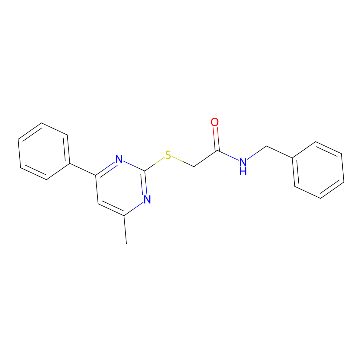 N-benzyl-2-((4-methyl-6-phenylpyrimidin-2-yl)thio)acetamide molecular structure, CAS 511299-76-6