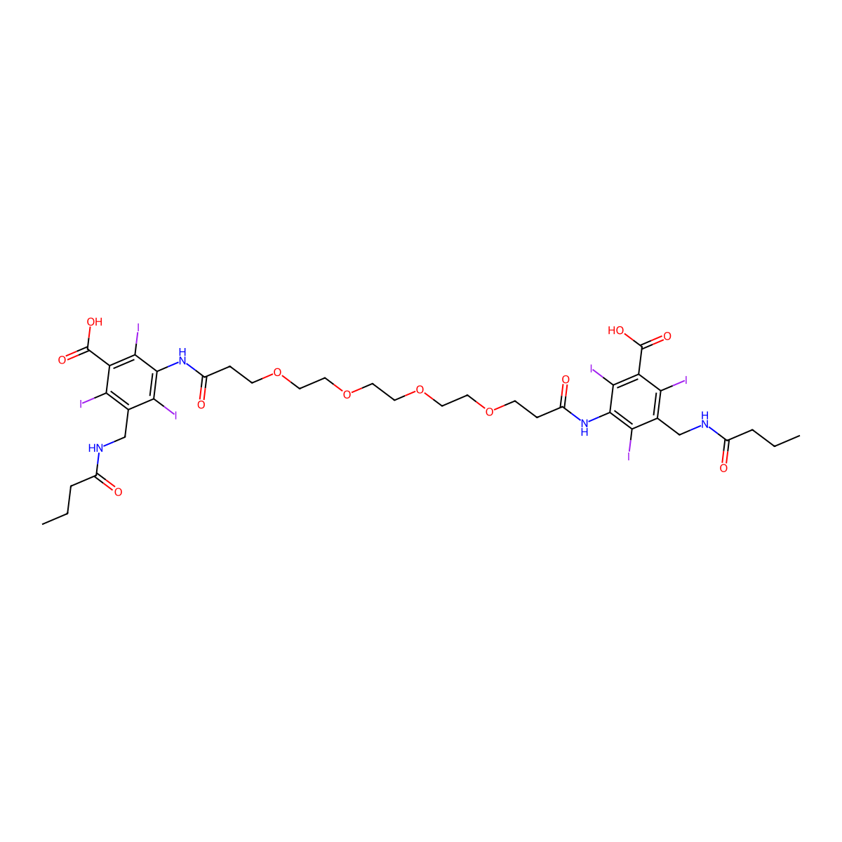 Benzoic acid, 3,3'-(ethylenebis(oxyethyleneoxyethylenecarbonylimino))bis (5-(butyramidomethyl)-2,4,6-triiodo- molecular structure, CAS 51134-98-6
