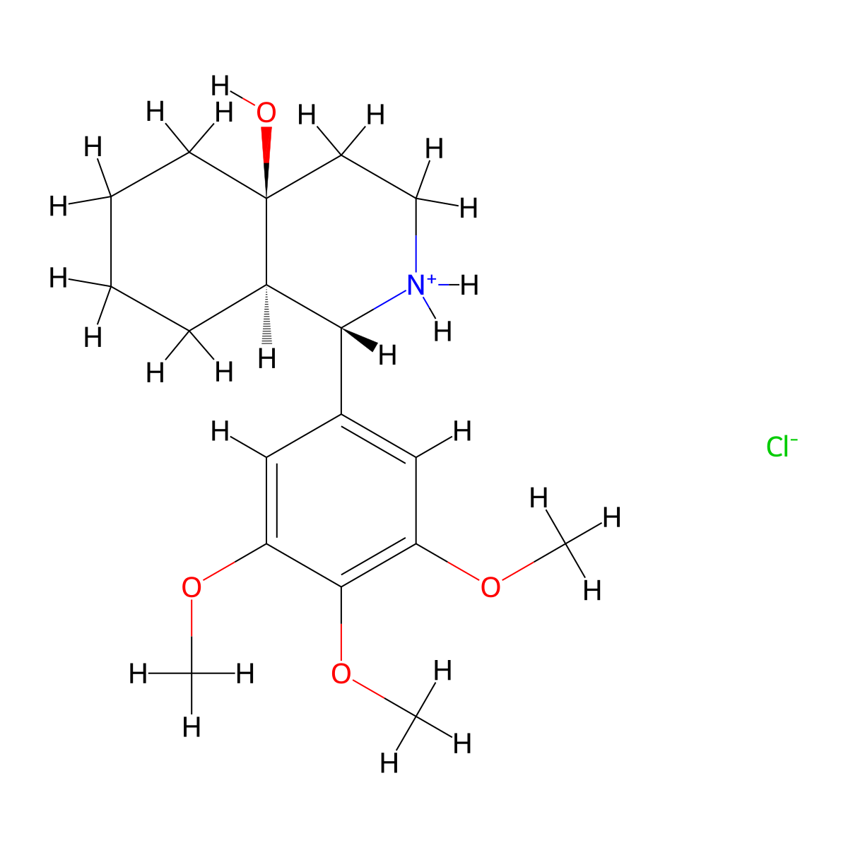 (1S,4aS,8aR)-1-(3,4,5-trimethoxyphenyl)-2,3,4,5,6,7,8,8a-octahydro-1H-isoquinolin-2-ium-4a-ol;chloride molecular structure, CAS 5115-75-3