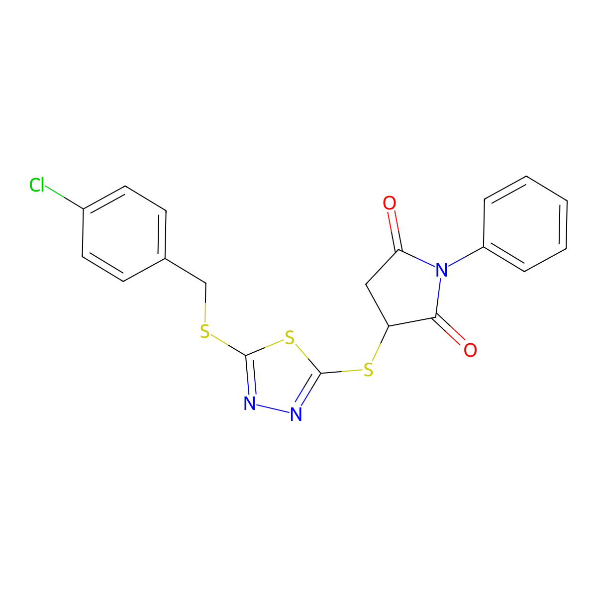 3-({5-[(4-Chlorobenzyl)sulfanyl]-1,3,4-thiadiazol-2-yl}sulfanyl)-1-phenylpyrrolidine-2,5-dione molecular structure, CAS 511513-92-1