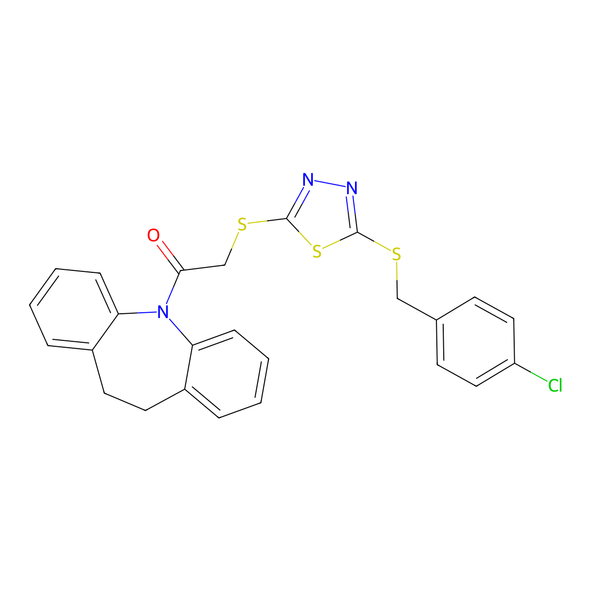 2-[[5-[(4-Chlorophenyl)methylsulfanyl]-1,3,4-thiadiazol-2-yl]sulfanyl]-1-(5,6-dihydrobenzo[b][1]benzazepin-11-yl)ethanone molecular structure, CAS 511513-93-2