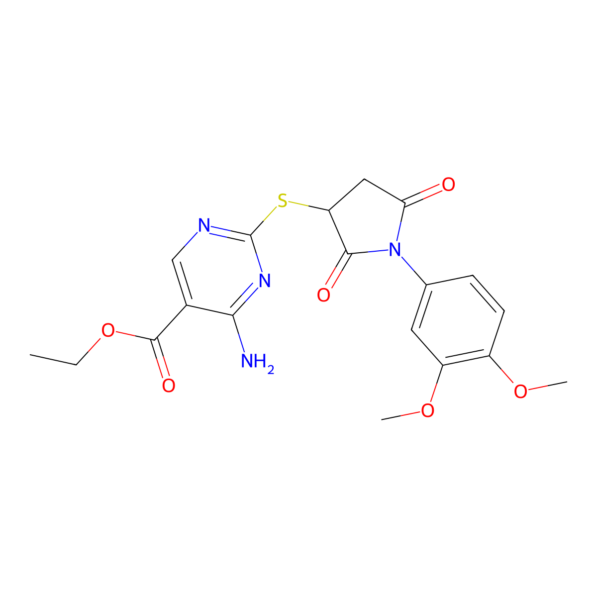 Ethyl 4-amino-2-{[1-(3,4-dimethoxyphenyl)-2,5-dioxo-3-pyrrolidinyl]thio}-5-pyrimidinecarboxylate molecular structure, CAS 511514-12-8