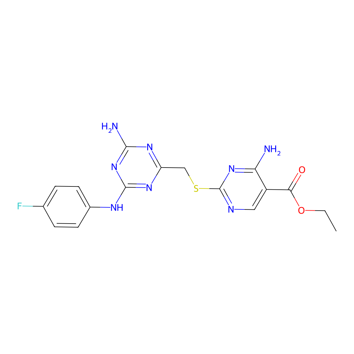 4-Amino-2-[[4-amino-6-(4-fluoroanilino)-1,3,5-triazin-2-yl]methylthio]-5-pyrimidinecarboxylic acid ethyl ester molecular structure, CAS 511514-30-0