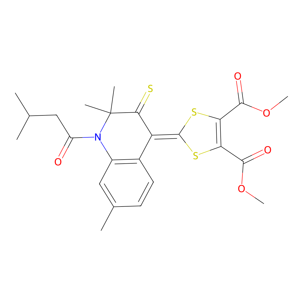 dimethyl 2-[2,2,7-trimethyl-1-(3-methylbutanoyl)-3-thioxo-2,3-dihydro-4(1H)-quinolinyliden]-1,3-dithiole-4,5-dicarboxylate molecular structure, CAS 511514-43-5