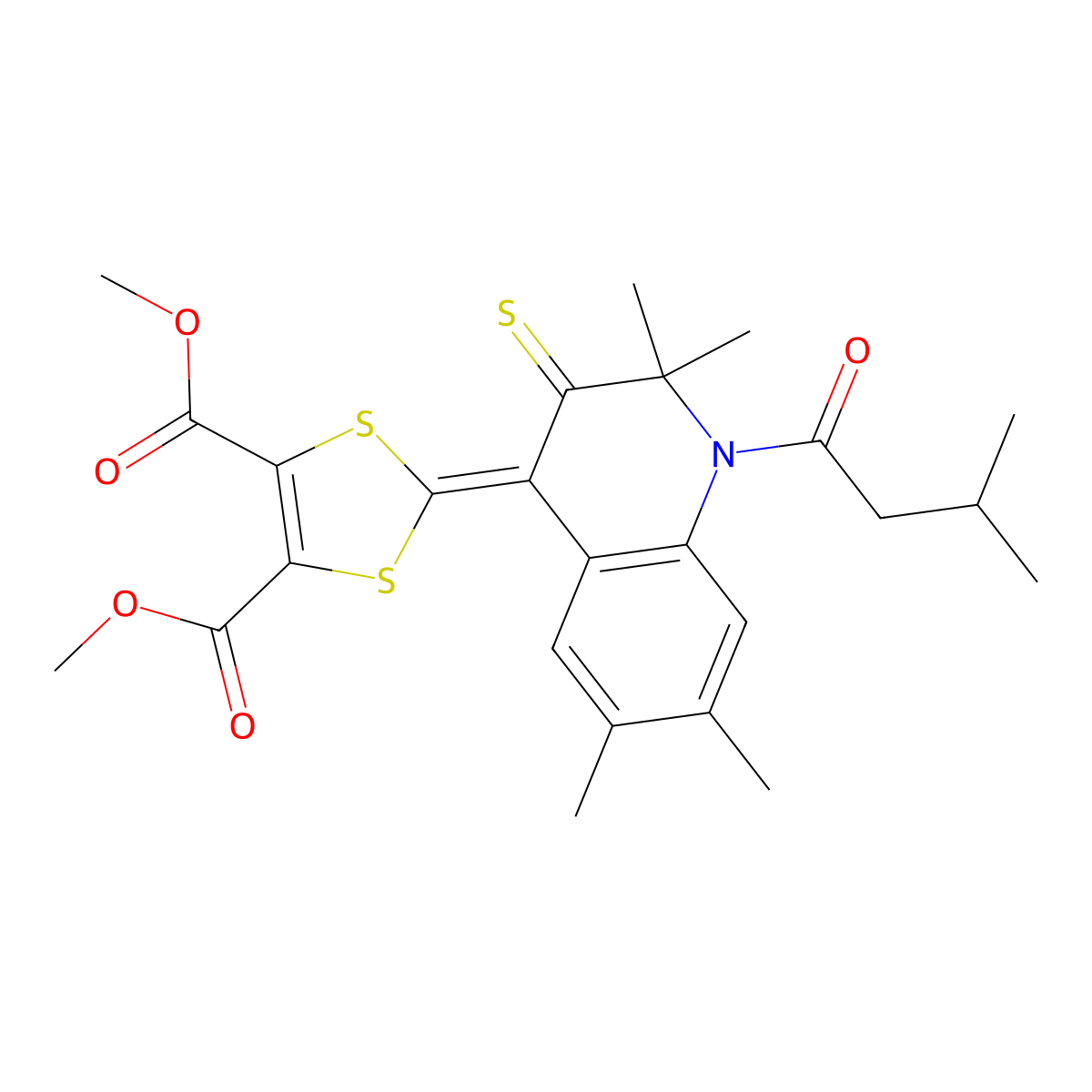 dimethyl 2-(2,2,6,7-tetramethyl-1-(3-methylbutanoyl)-3-thioxo-2,3-dihydro-4(1H)-quinolinylidene)-1,3-dithiole-4,5-dicarboxylate molecular structure, CAS 511514-45-7