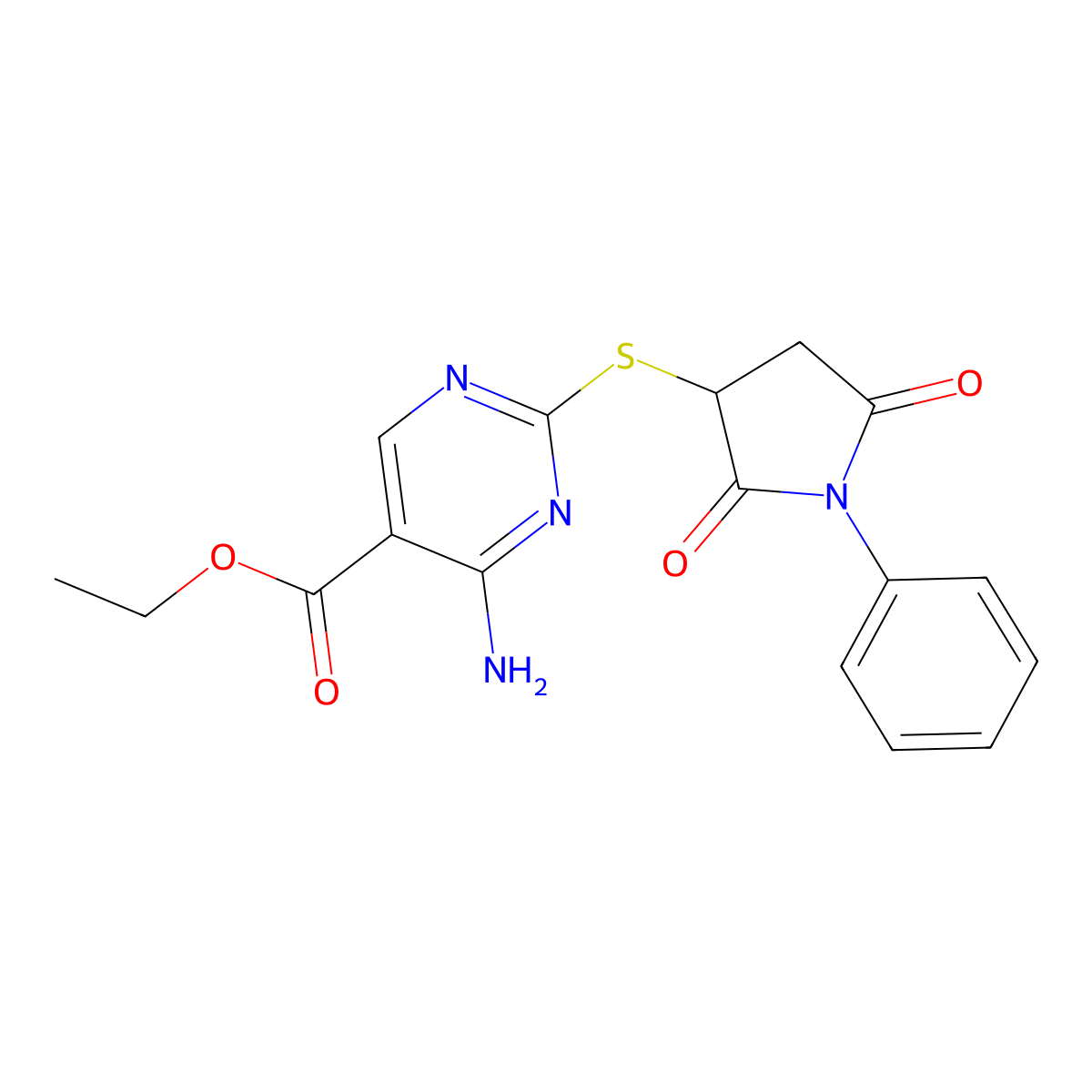 Ethyl 4-amino-2-(2,5-dioxo-1-phenylpyrrolidin-3-yl)sulfanylpyrimidine-5-carboxylate molecular structure, CAS 511514-78-6